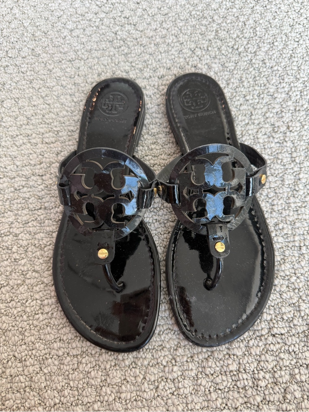Tory Burch Black Patent Miller Thong Sandals with Gold Accents